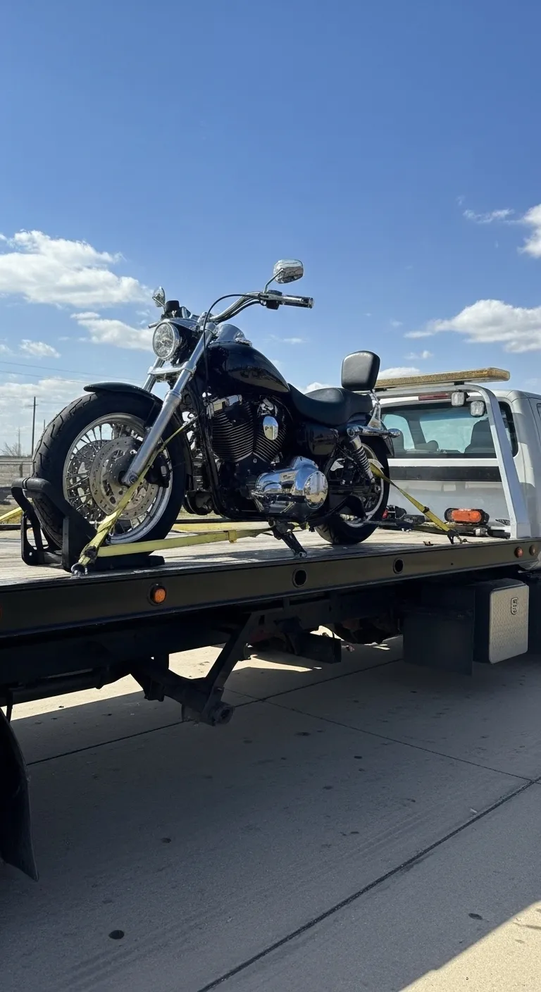 Safe motorcycle towing in Sherman TX on a flatbed truck